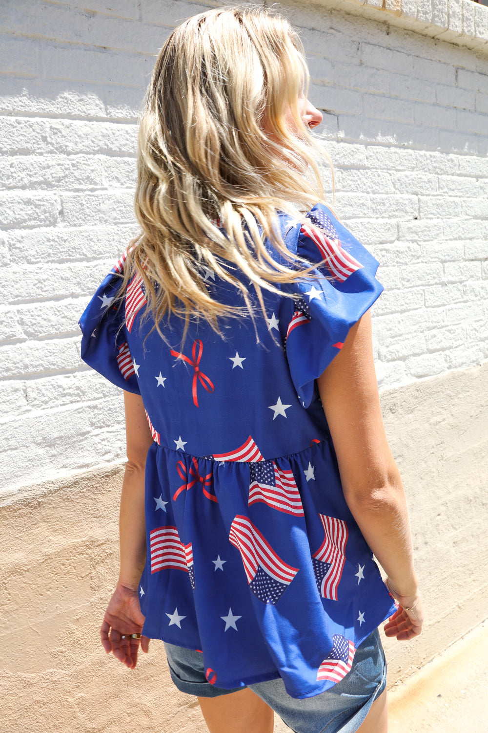 Haptics American Flag Blue & Red Stars & Bow Print Woven Top
