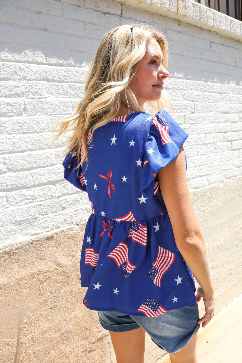 Haptics American Flag Blue & Red Stars & Bow Print Woven Top