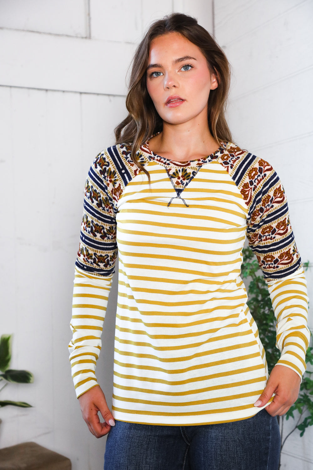 And The Why Striped Vintage Floral Raglan Top