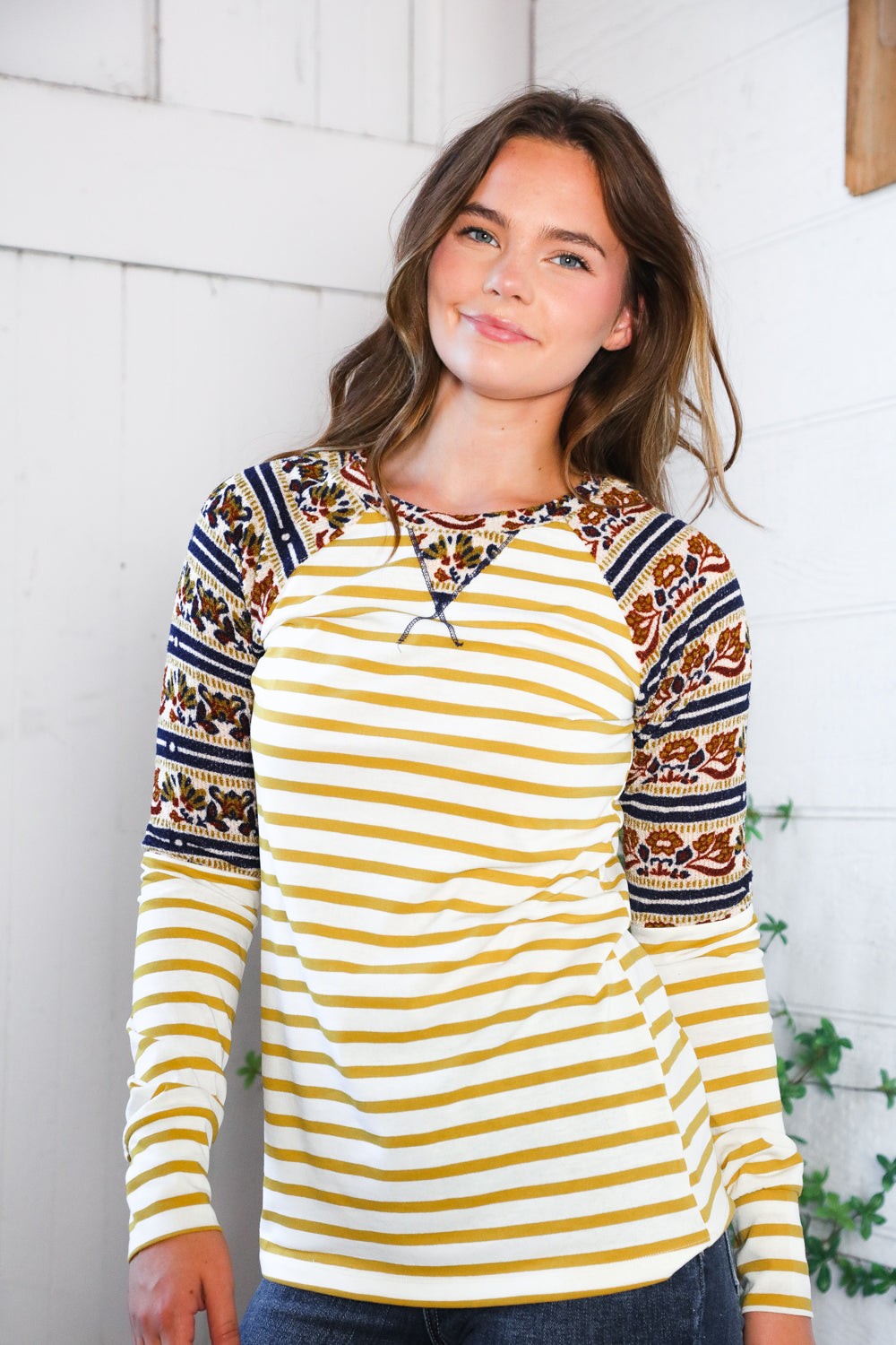 And The Why Striped Vintage Floral Raglan Top