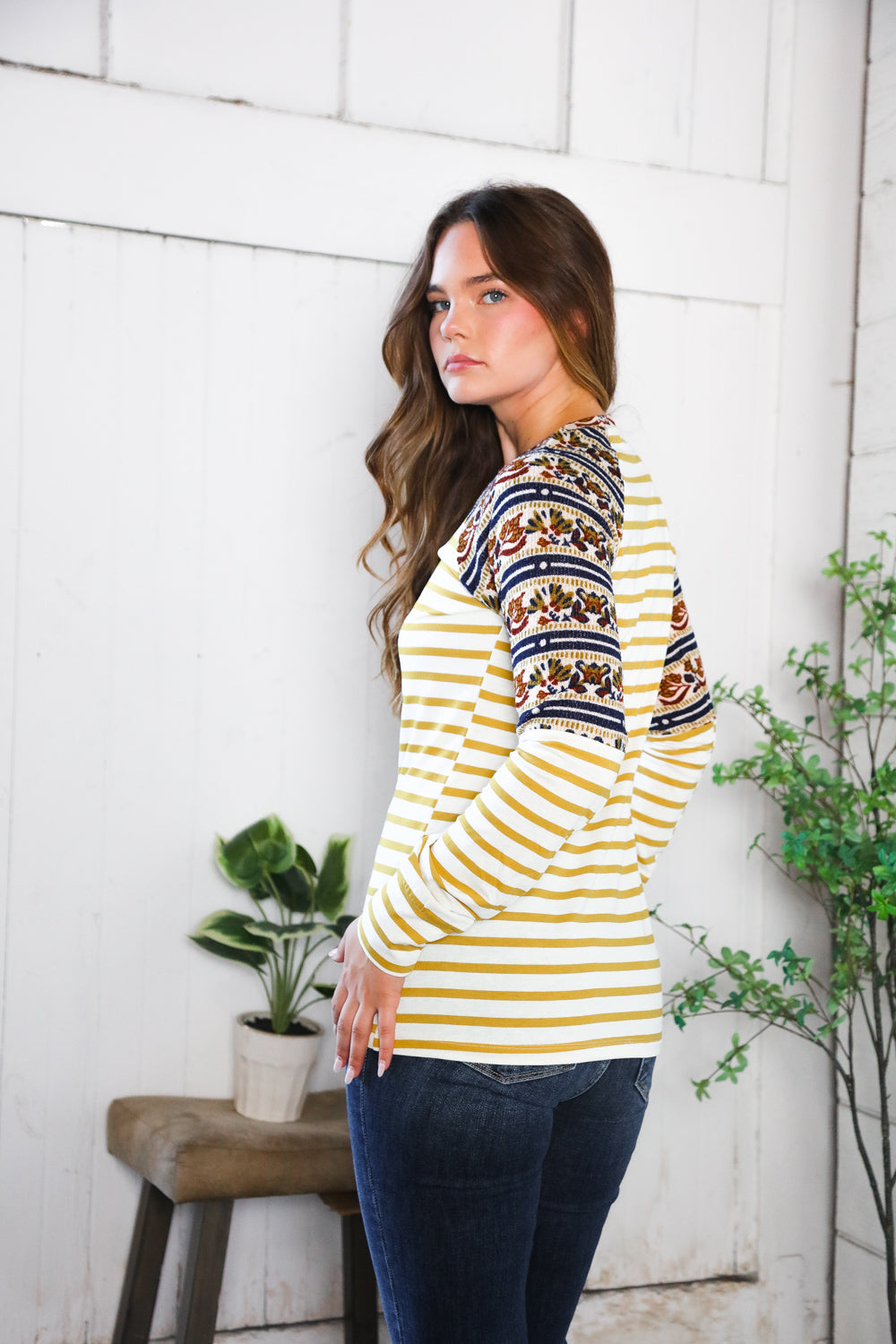 And The Why Striped Vintage Floral Raglan Top
