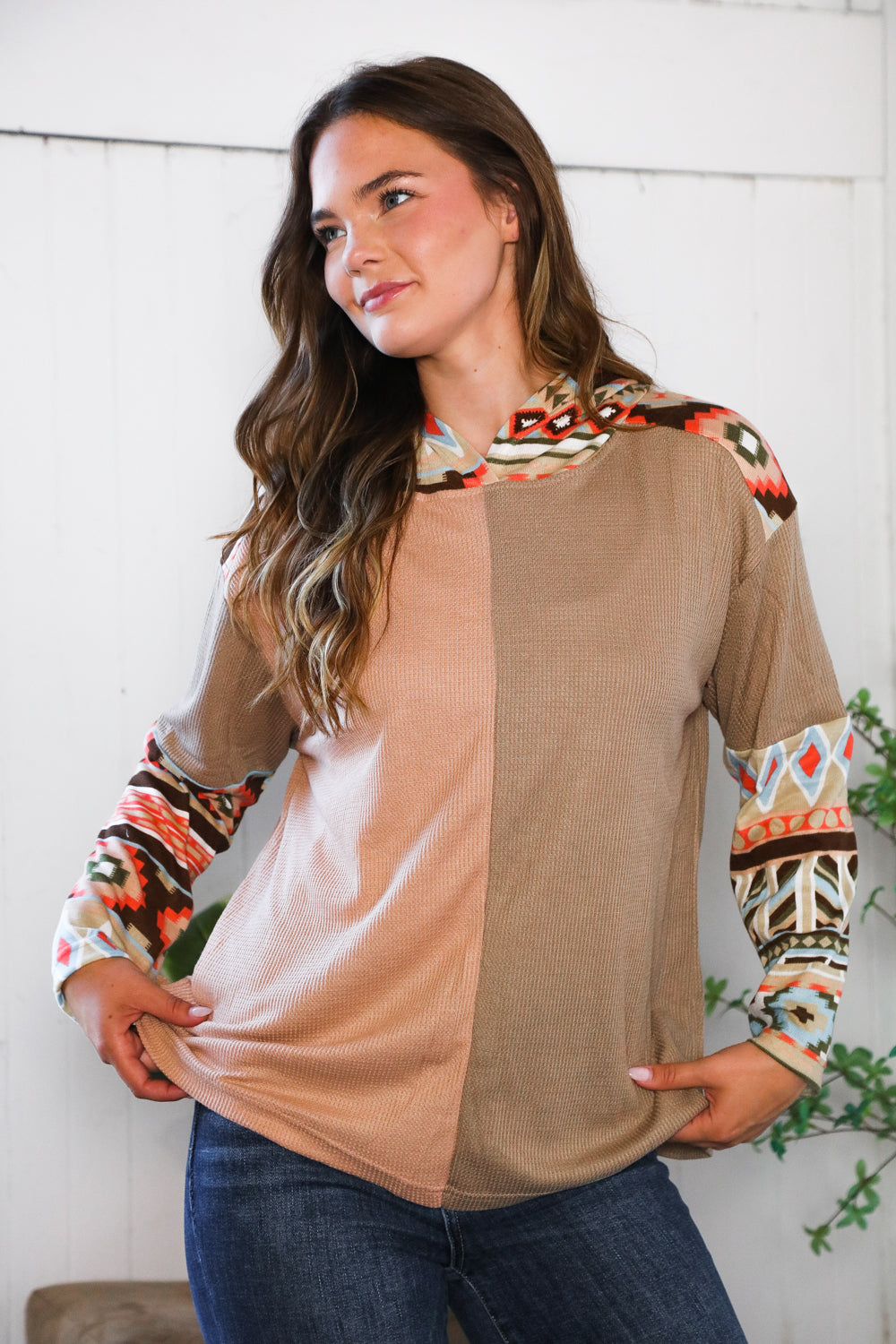 And The Why Color Block Tribal Long Sleeve Hoodie