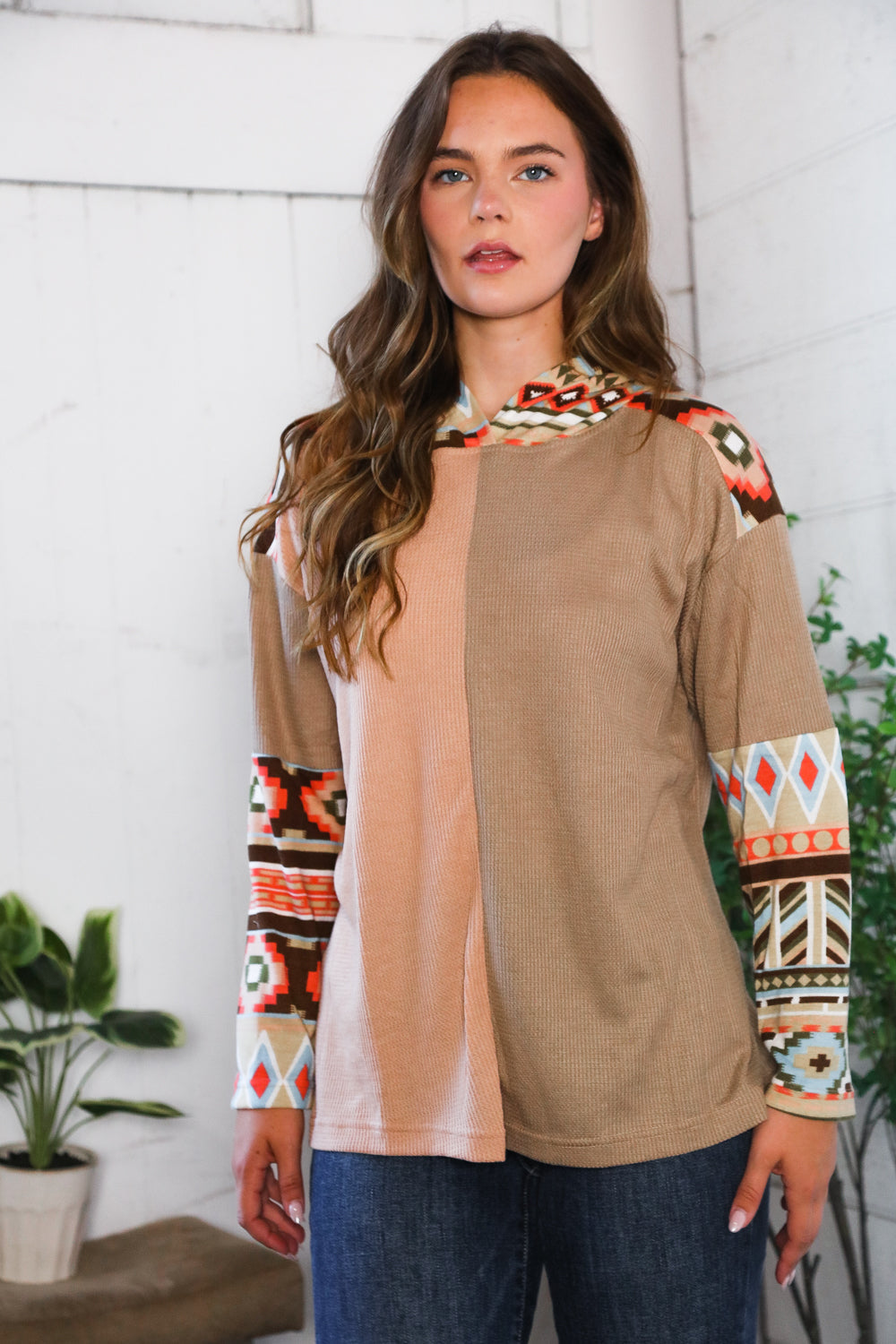And The Why Color Block Tribal Long Sleeve Hoodie