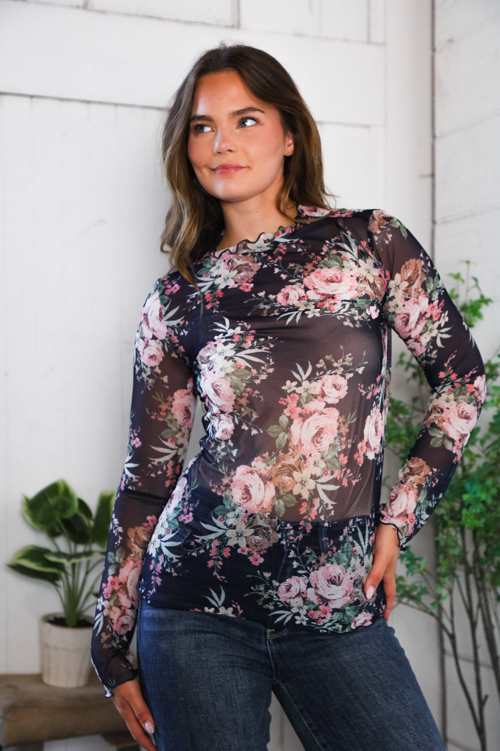 Haptics High Neck Floral Semi-sheer Top with Frilled Merrow