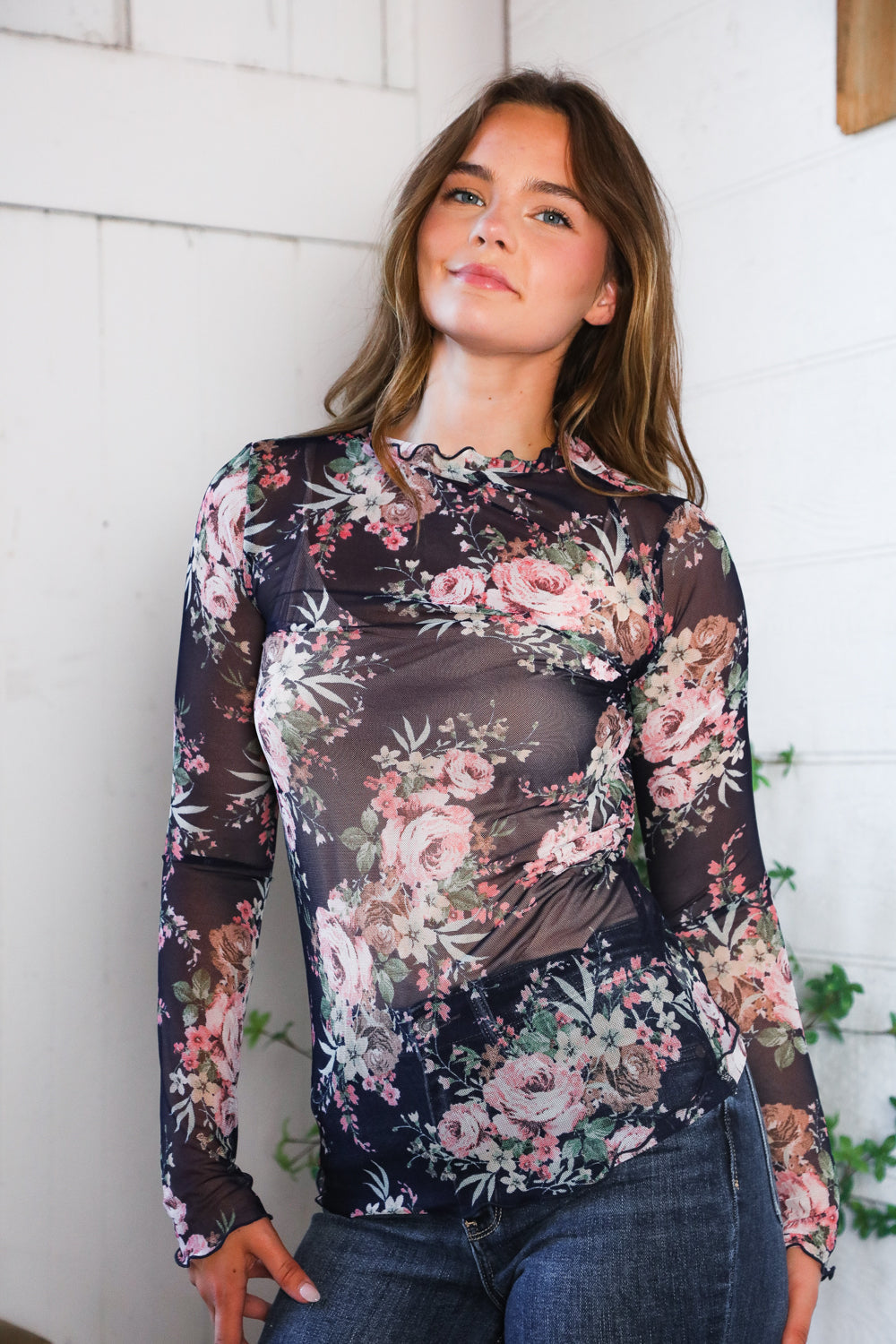 Haptics High Neck Floral Semi-sheer Top with Frilled Merrow