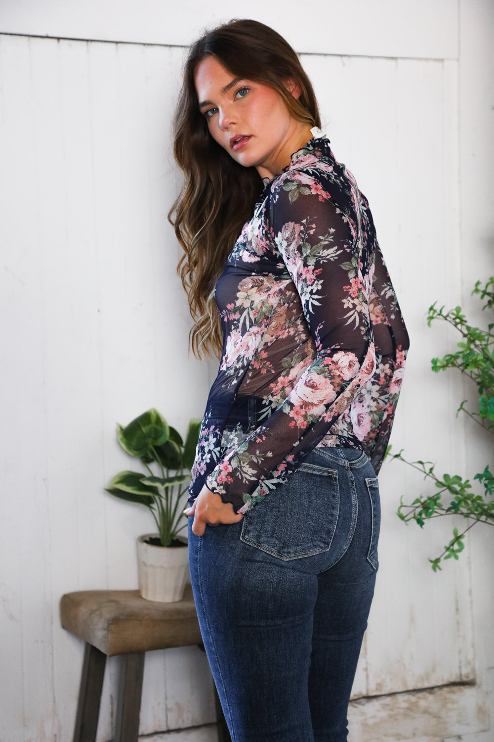 Haptics High Neck Floral Semi-sheer Top with Frilled Merrow