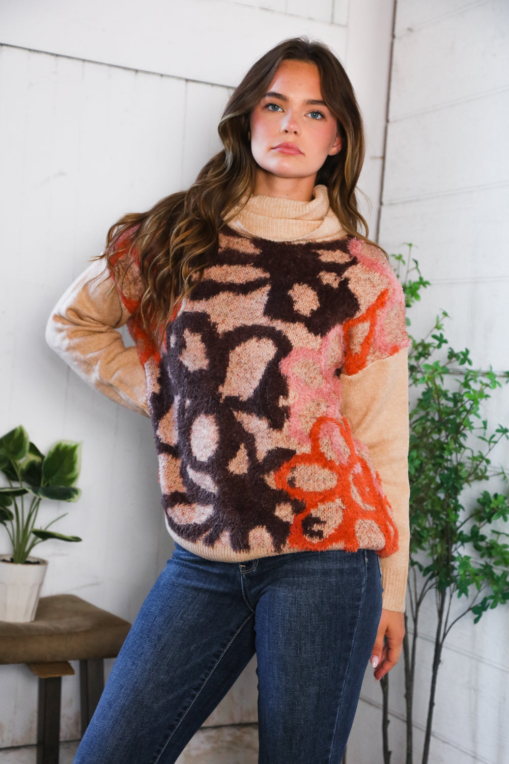 And The Why Blooms in Autumn Turtleneck Cozy Sweater 2X 3X