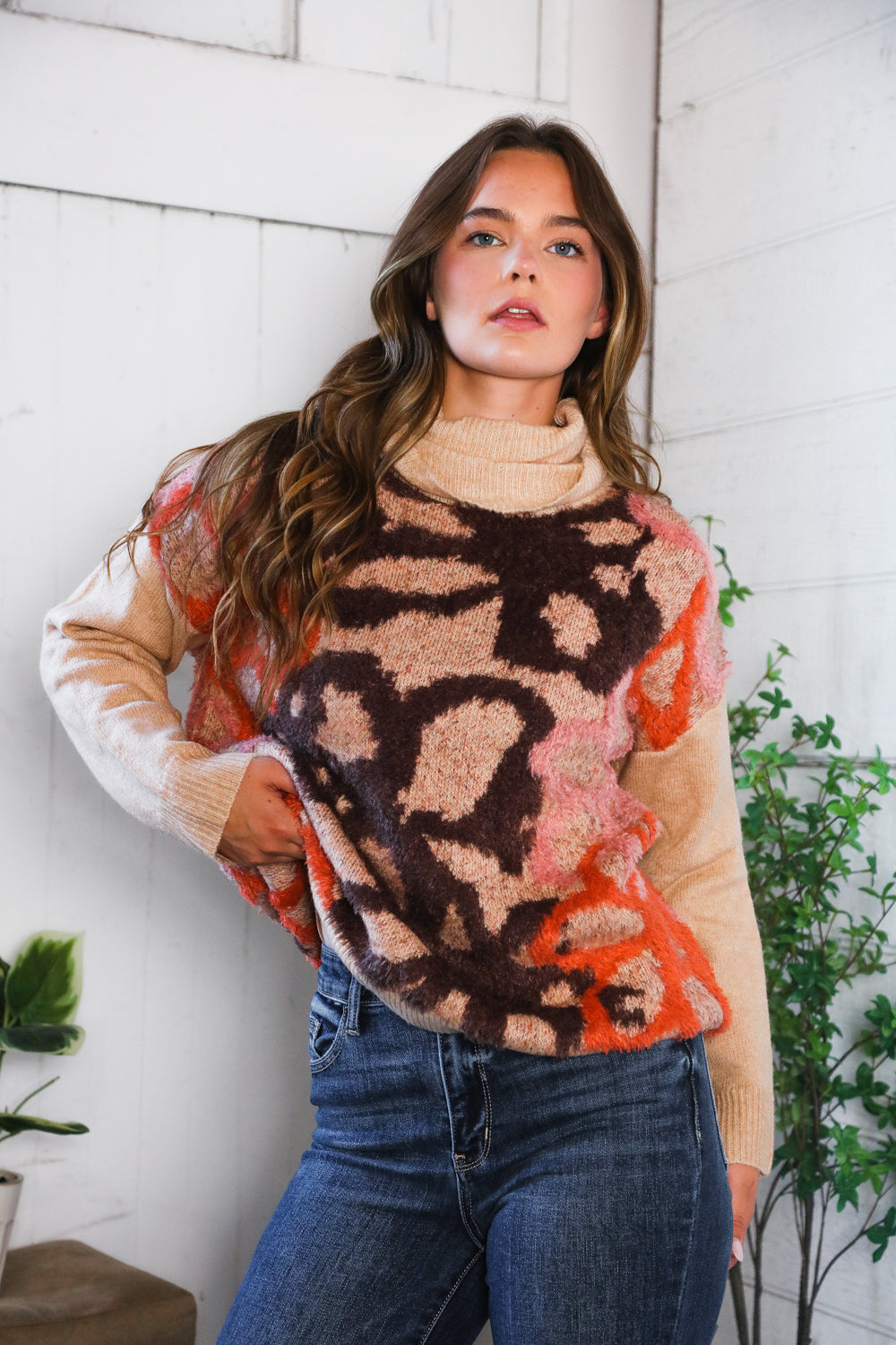 And The Why Blooms in Autumn Turtleneck Cozy Sweater