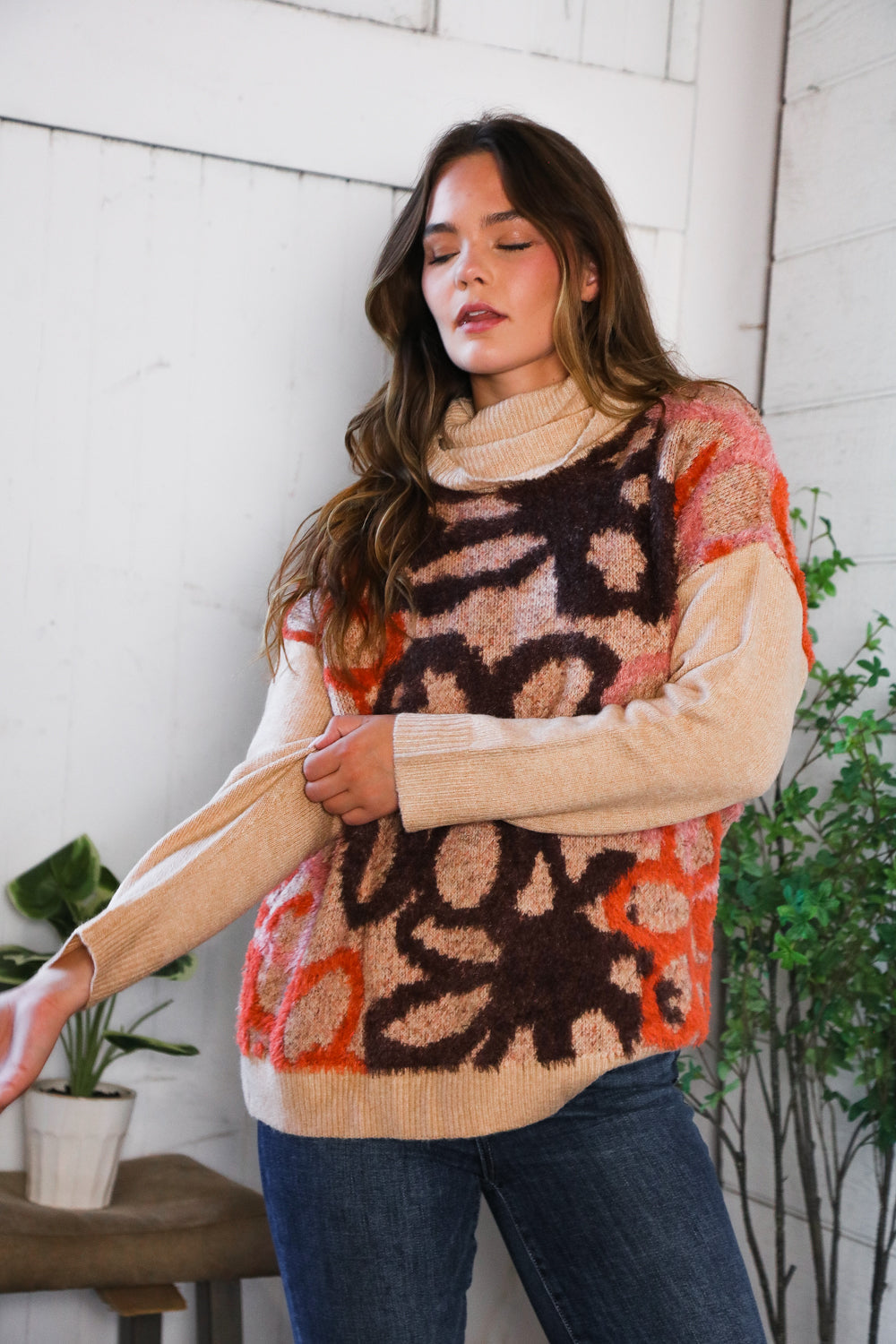 And The Why Blooms in Autumn Turtleneck Cozy Sweater