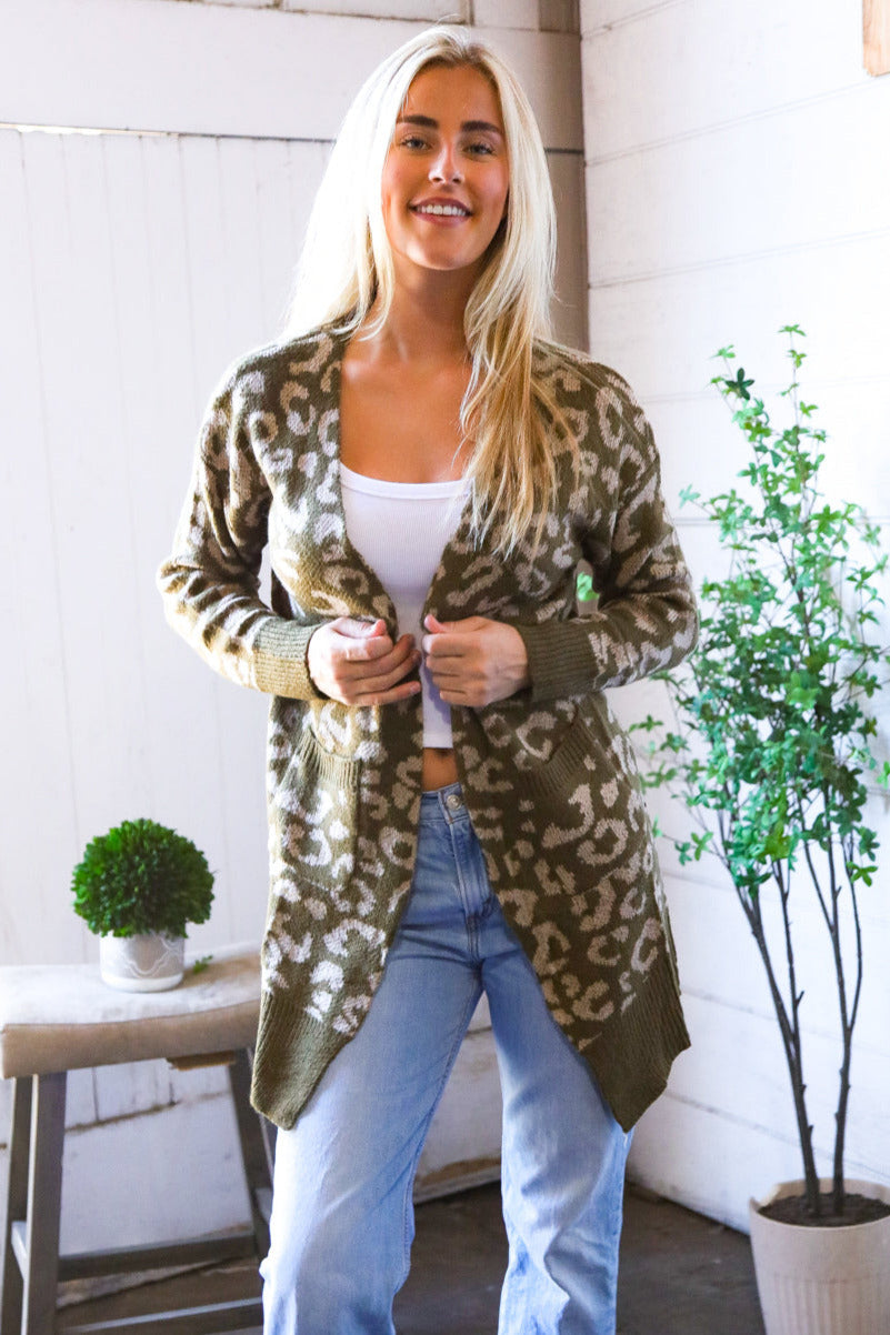 First Love Leopard Olive Cardigan Large