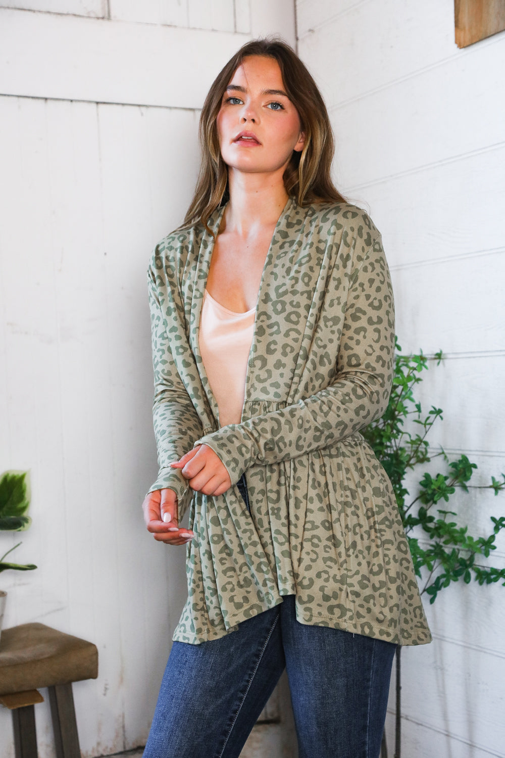 Be Stage Leopard Print Around Peplum Open Cardigan