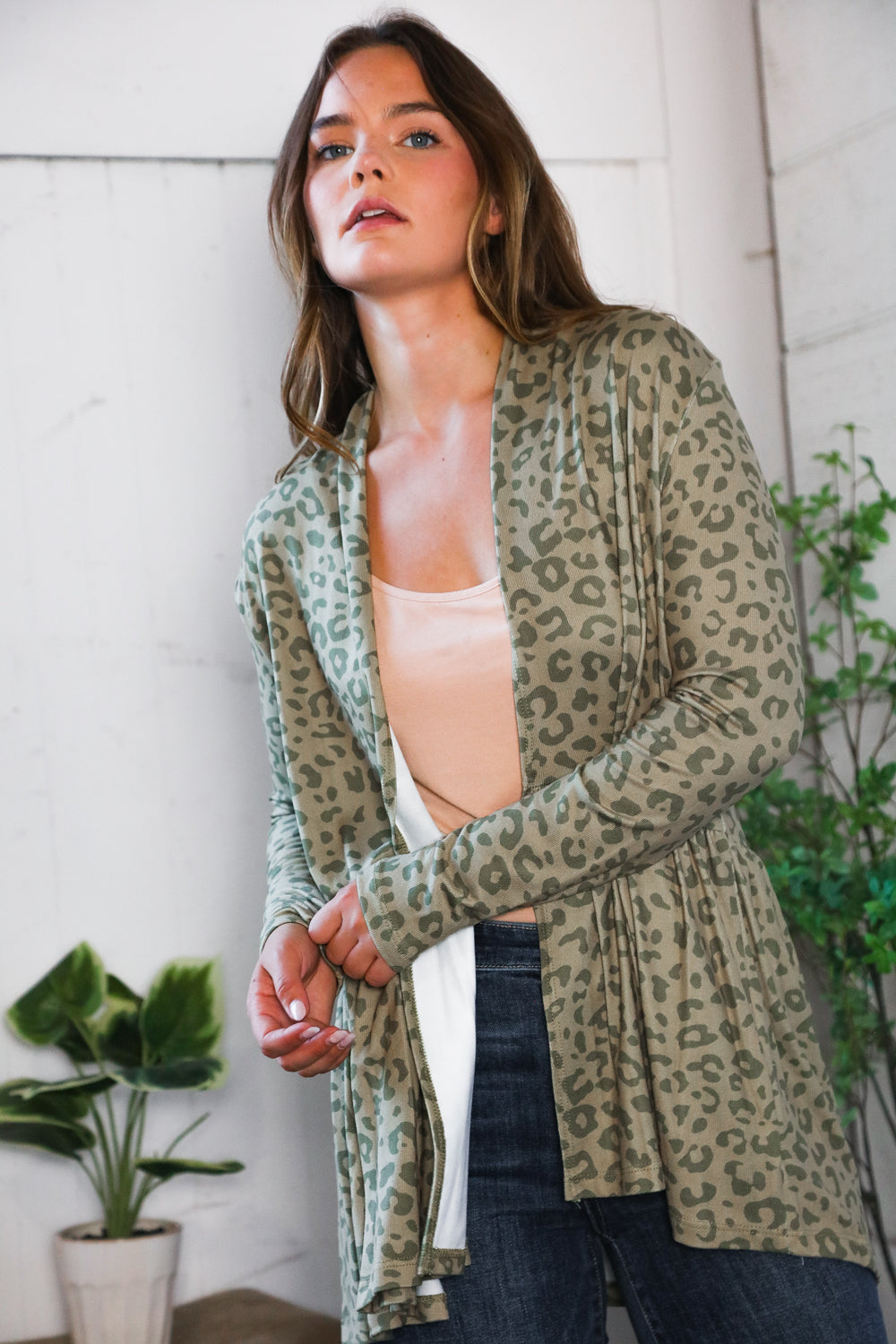 Be Stage Leopard Print Around Peplum Open Cardigan