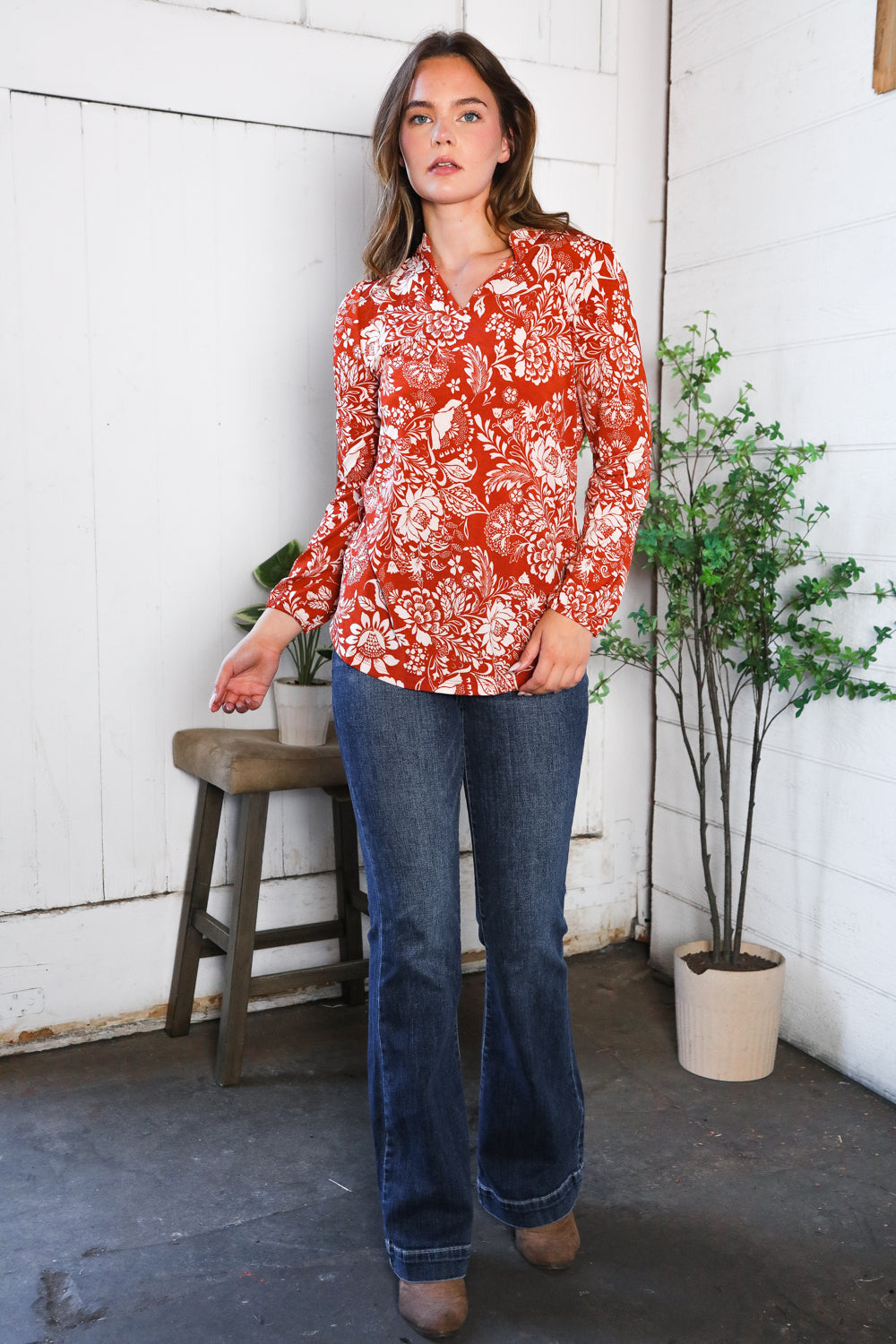 Be Stage Rust & White Floral V-Neck Long Sleeve Top