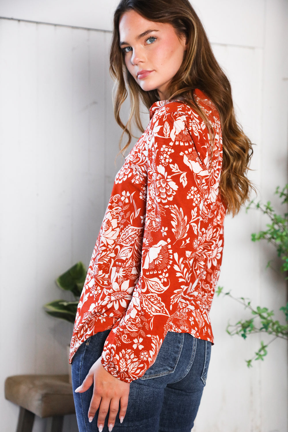Be Stage Rust & White Floral V-Neck Long Sleeve Top