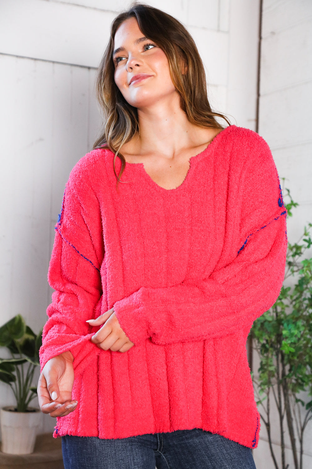 Fantastic Fawn Me Hot Pink Thick Ribbed Sweater