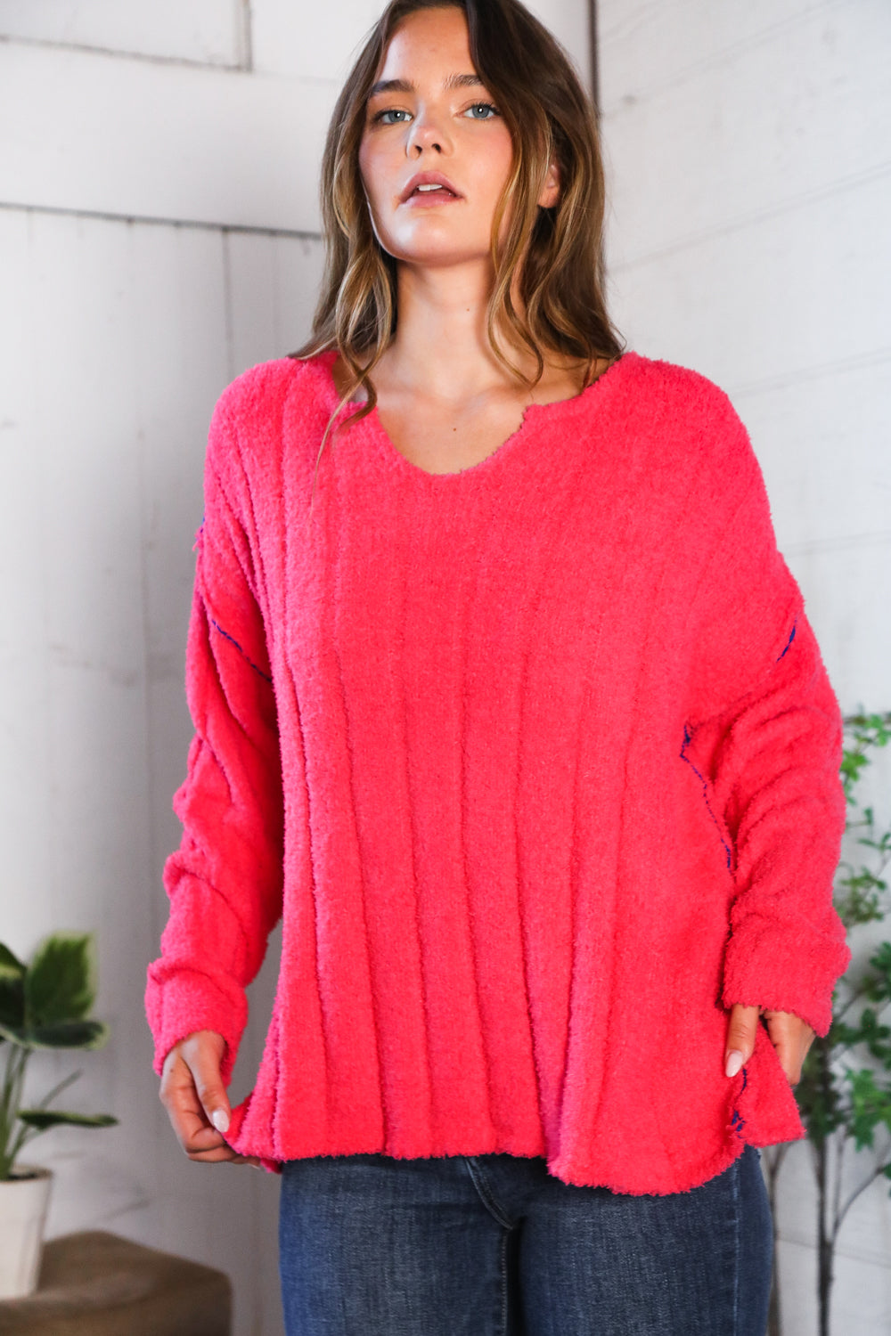 Fantastic Fawn Me Hot Pink Thick Ribbed Sweater