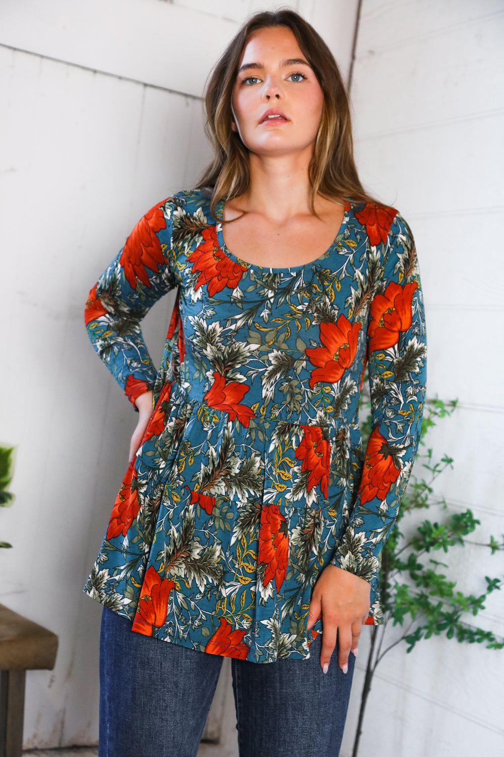 Be Stage Floral Print Long Sleeve Babydoll Blouse