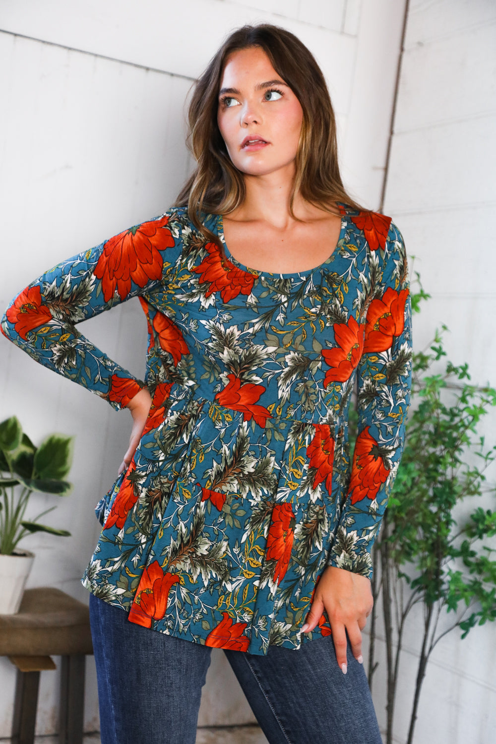 Be Stage Floral Print Long Sleeve Babydoll Blouse