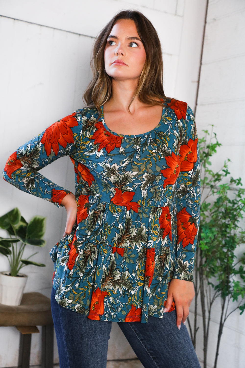 Be Stage Floral Print Long Sleeve Babydoll Blouse