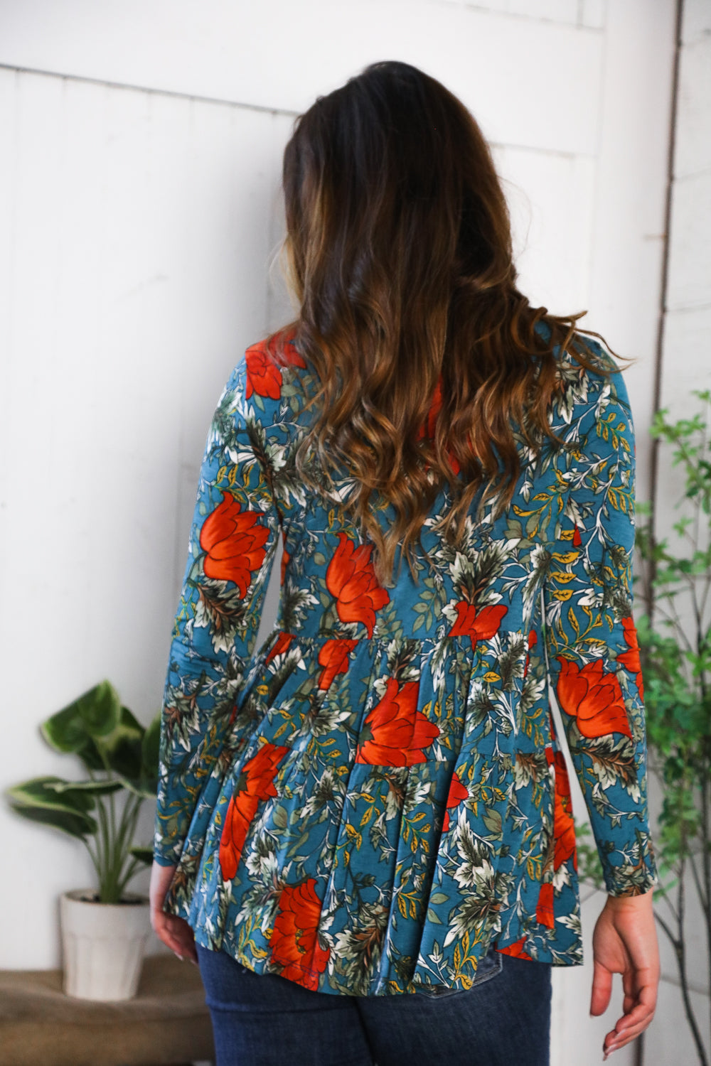 Be Stage Floral Print Long Sleeve Babydoll Blouse