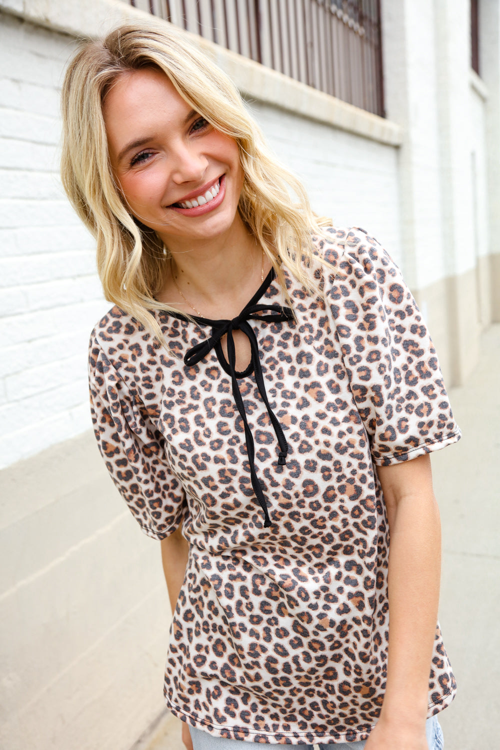 Haptics Animal Print Collar Notch Front Tie Knit Top