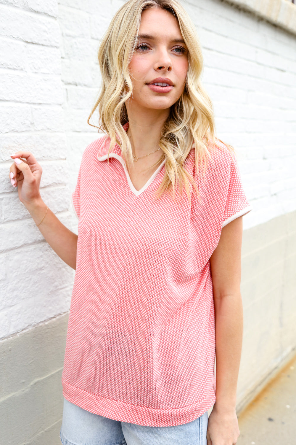 Haptics Coral Collar Notch Neck Waffle Knit Top