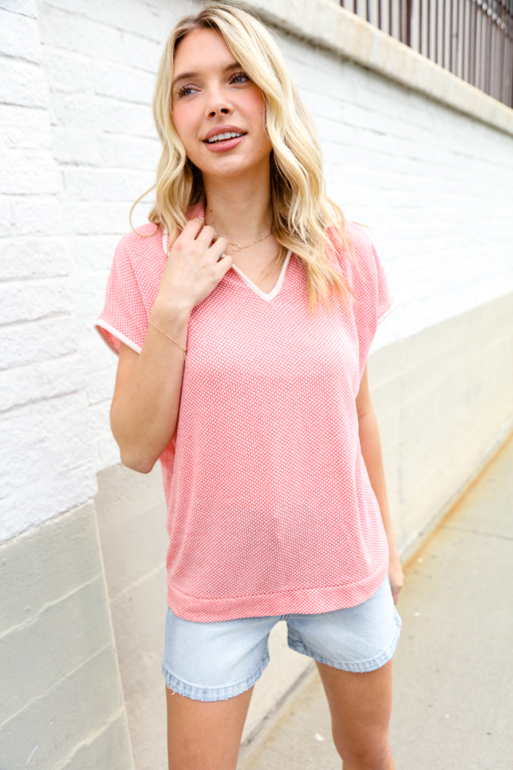 Haptics Coral Collar Notch Neck Waffle Knit Top