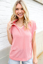 Haptics Coral Collar Notch Neck Waffle Knit Top