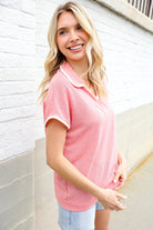 Haptics Coral Collar Notch Neck Waffle Knit Top