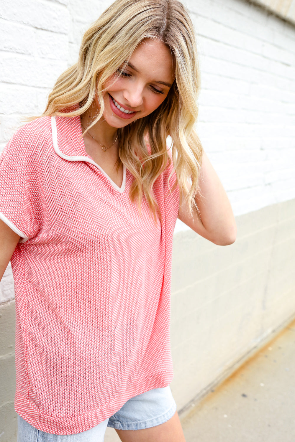 Haptics Coral Collar Notch Neck Waffle Knit Top