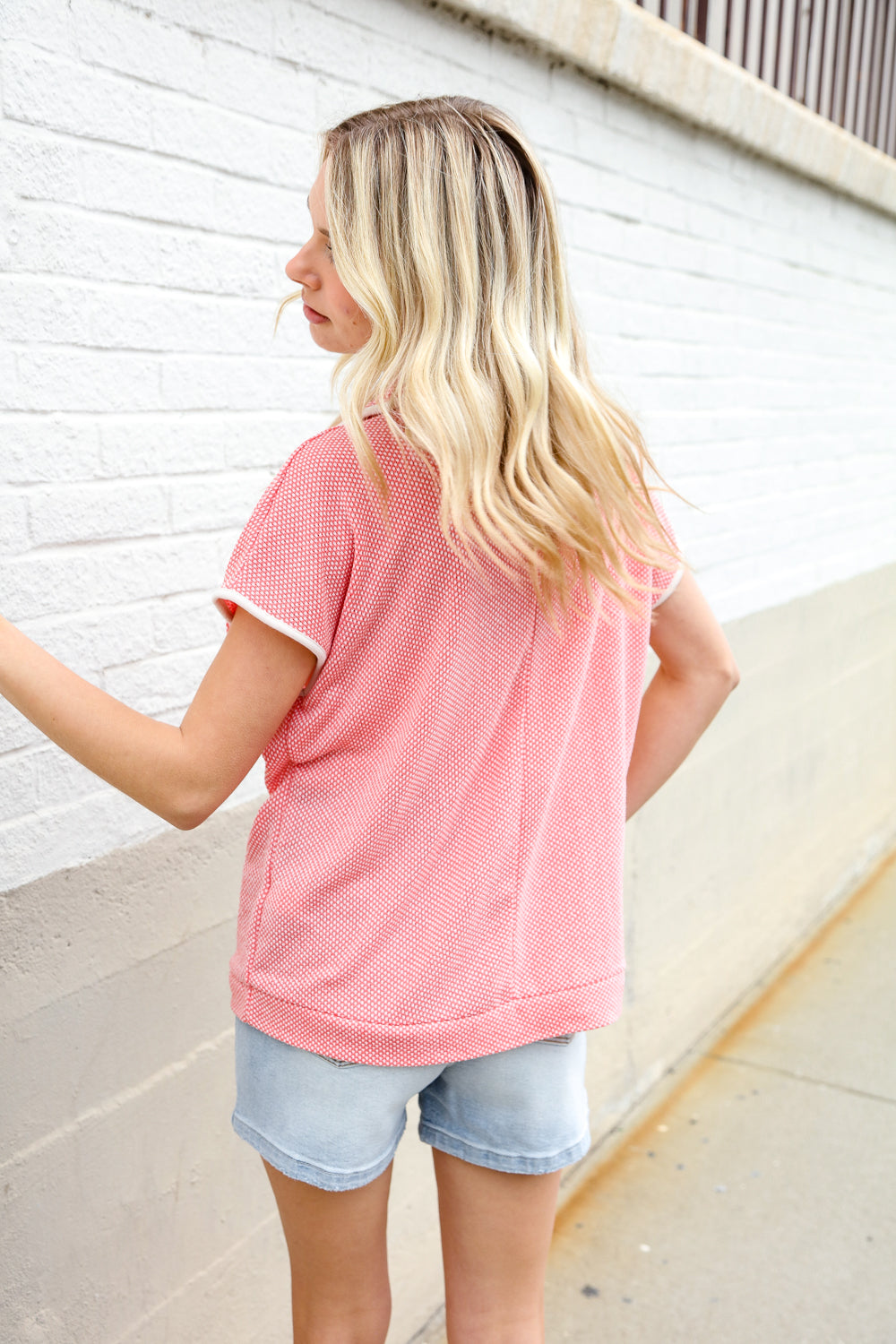 Haptics Coral Collar Notch Neck Waffle Knit Top
