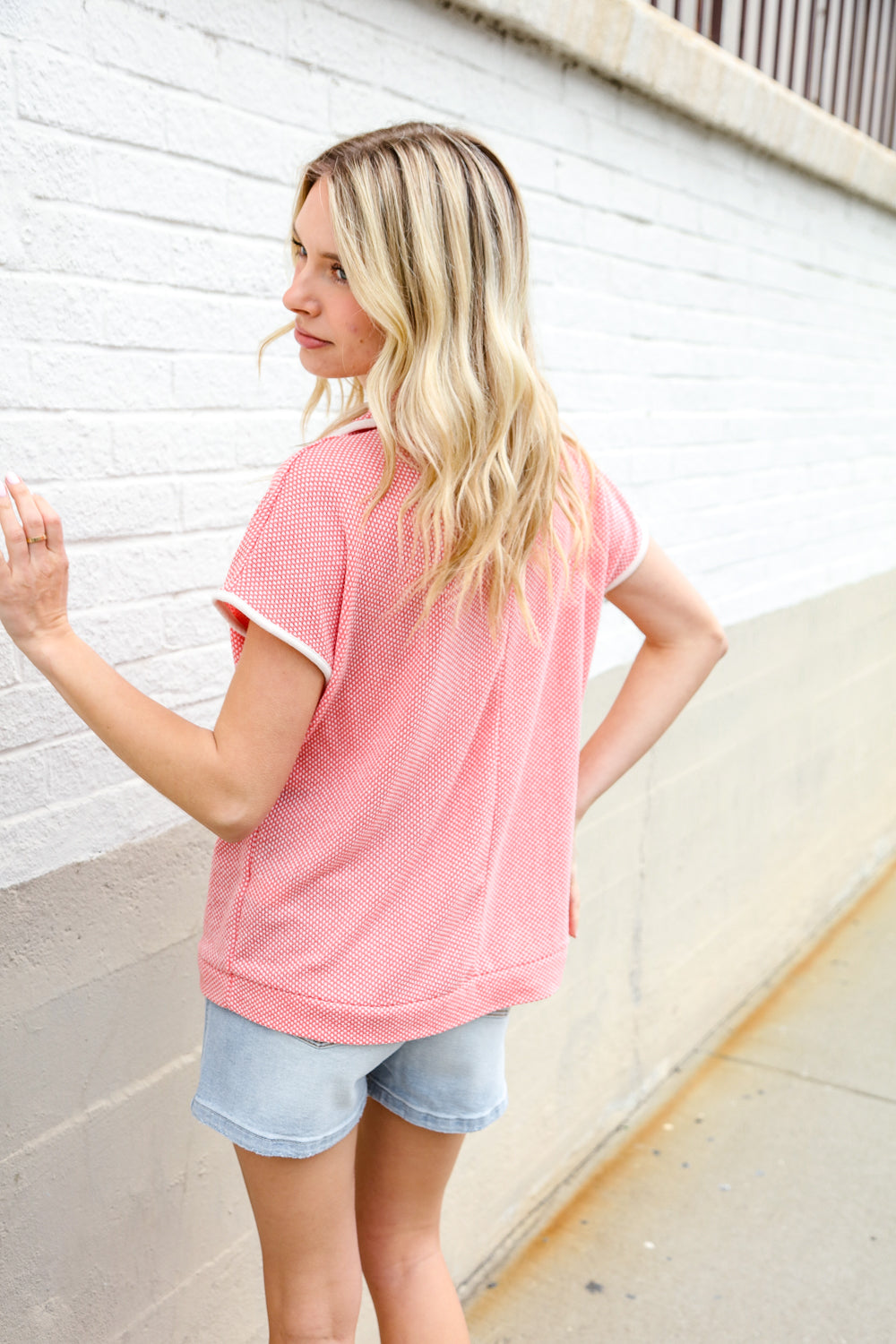 Haptics Coral Collar Notch Neck Waffle Knit Top
