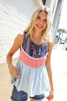 Haptics Coral/Blue Boho Print Color Block Sleeveless Top