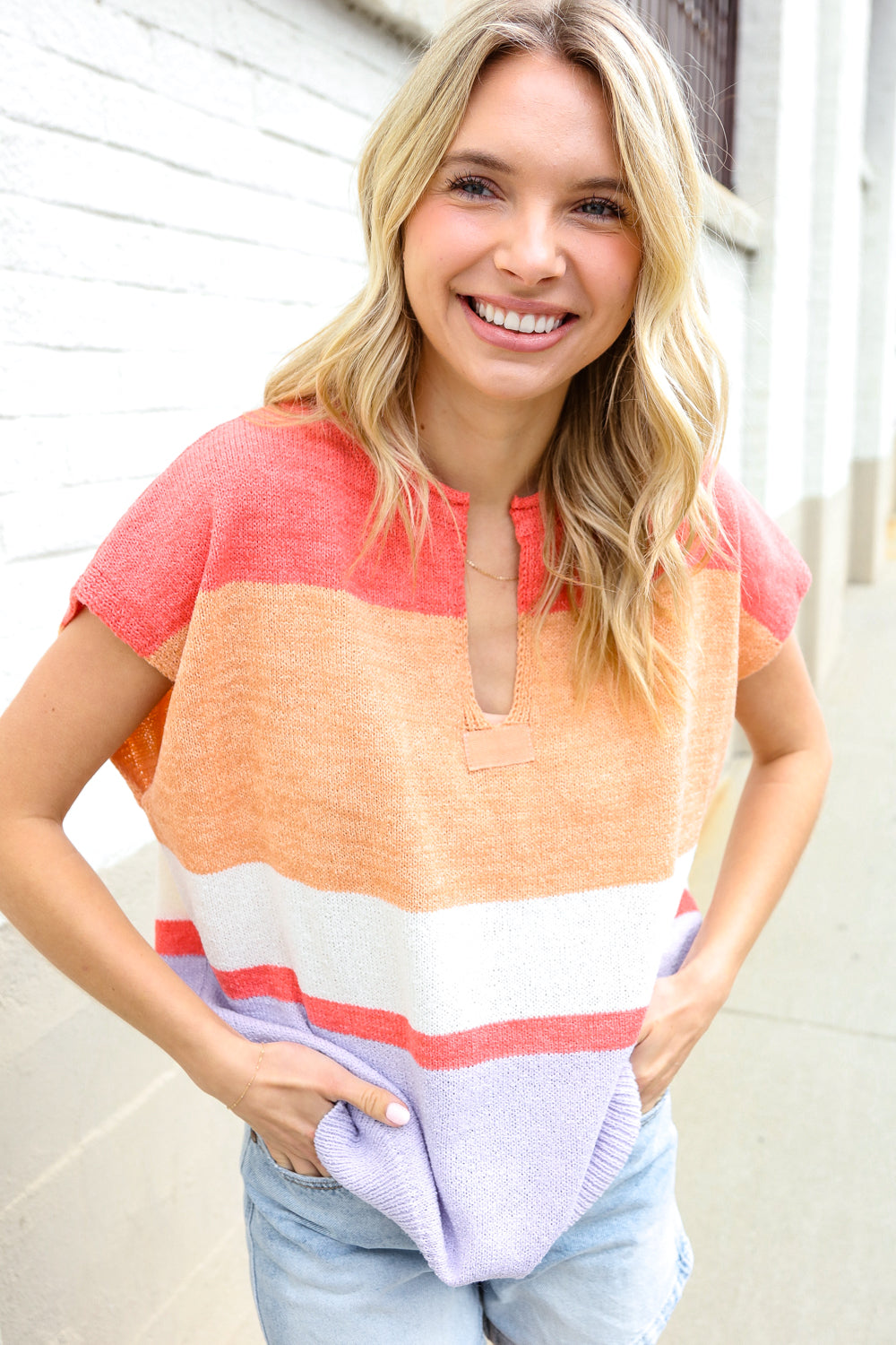 Haptics Coral & Lavender Notched Neck Drop Shoulder Sweater Top