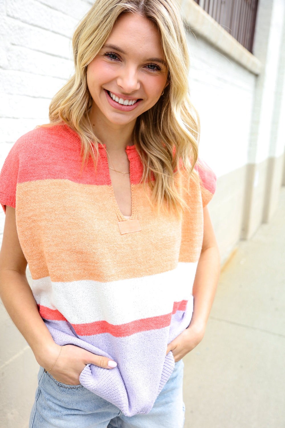 Haptics Coral & Lavender Notched Neck Drop Shoulder Sweater Top