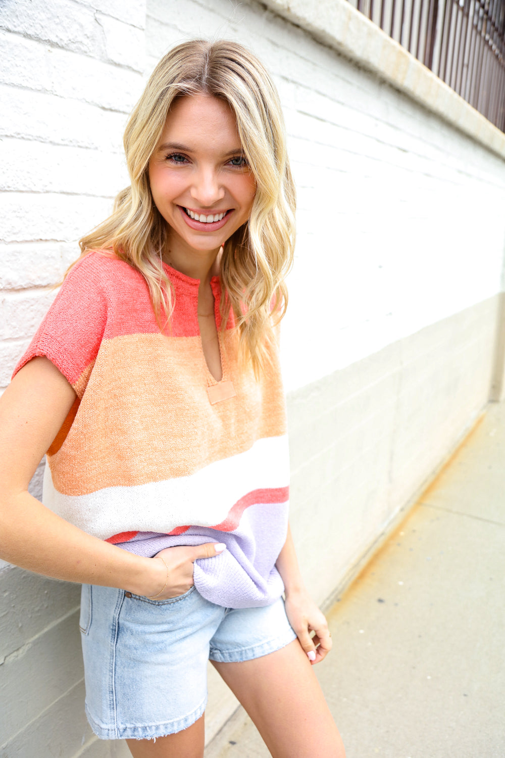 Haptics Coral & Lavender Notched Neck Drop Shoulder Sweater Top