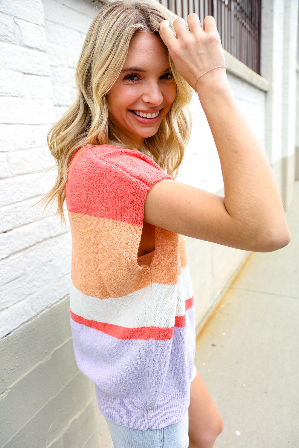 Haptics Coral & Lavender Notched Neck Drop Shoulder Sweater Top