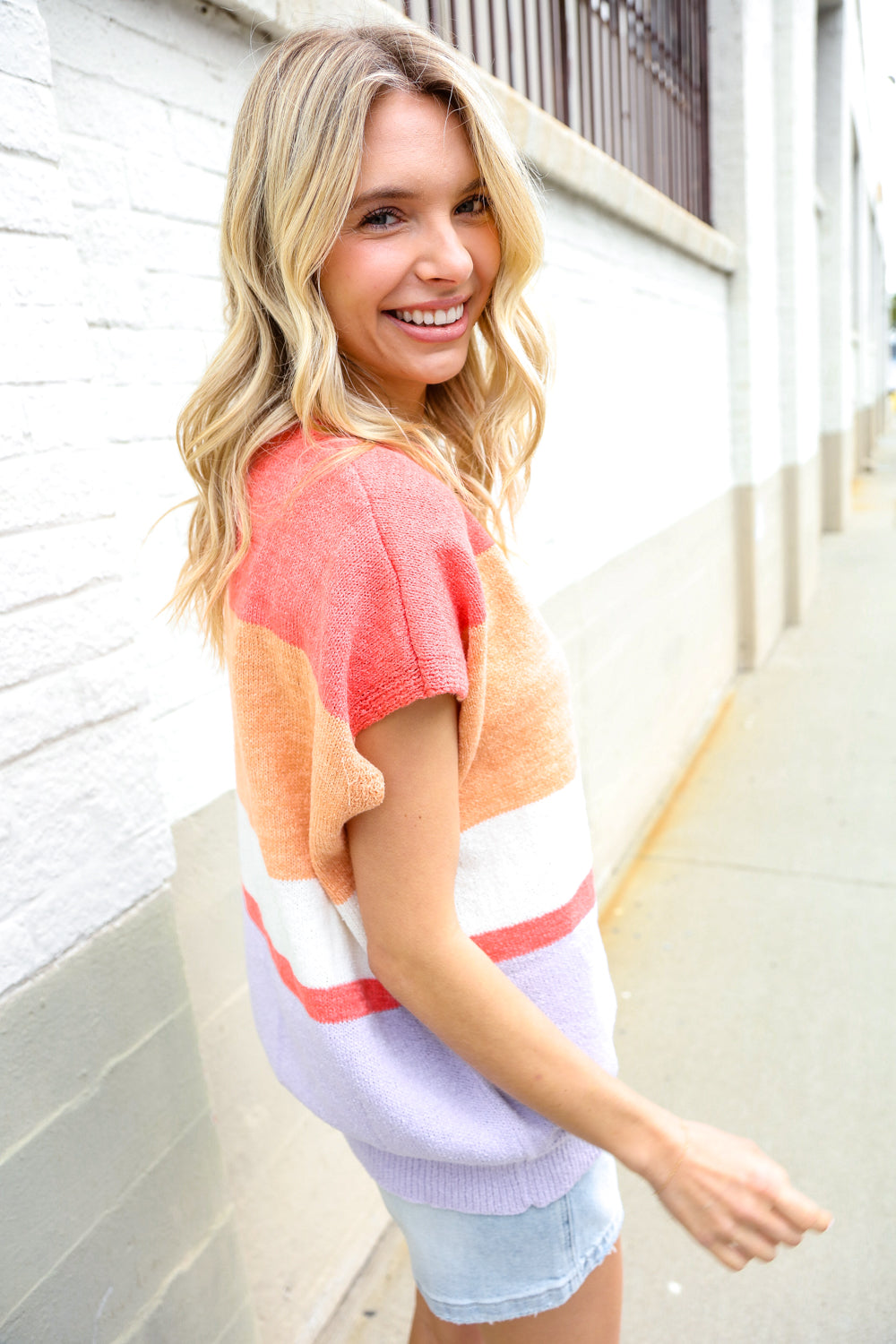 Haptics Coral & Lavender Notched Neck Drop Shoulder Sweater Top