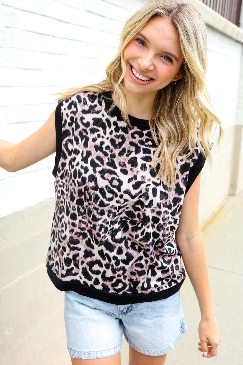 Haptics Dolman Short Sleeve Leopard Print Knit Top