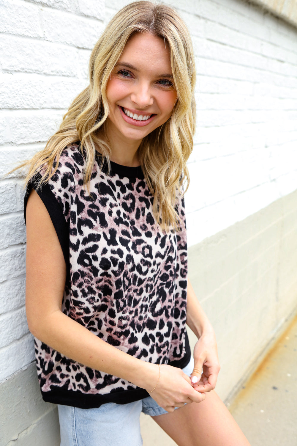 Haptics Dolman Short Sleeve Leopard Print Knit Top
