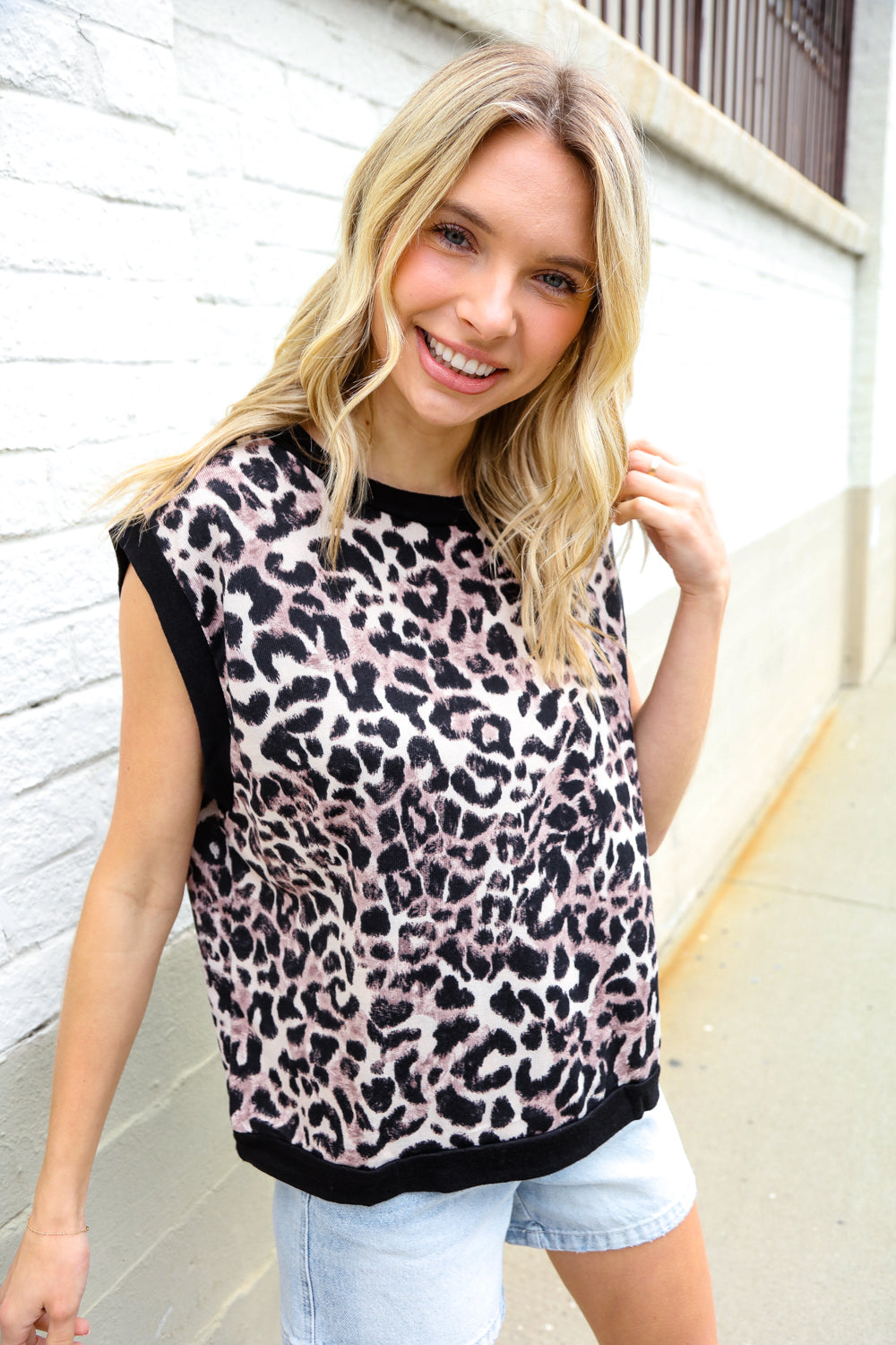 Haptics Dolman Short Sleeve Leopard Print Knit Top