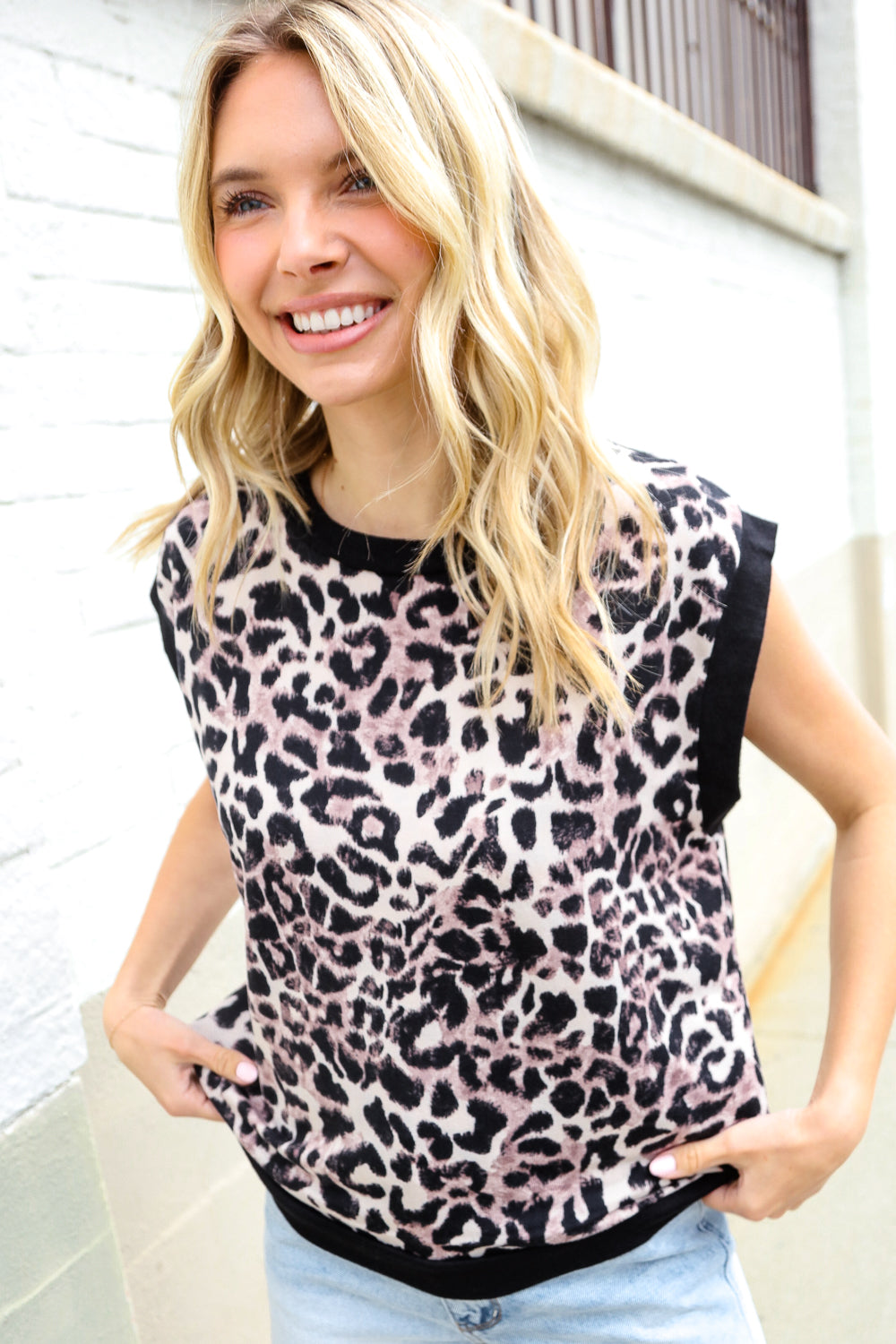 Haptics Dolman Short Sleeve Leopard Print Knit Top