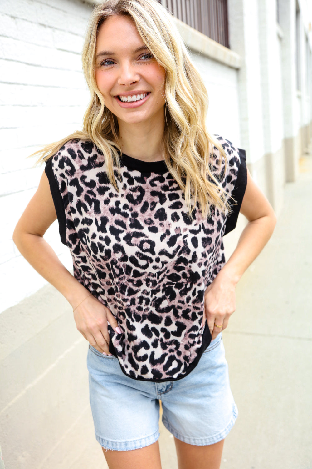 Haptics Dolman Short Sleeve Leopard Print Knit Top