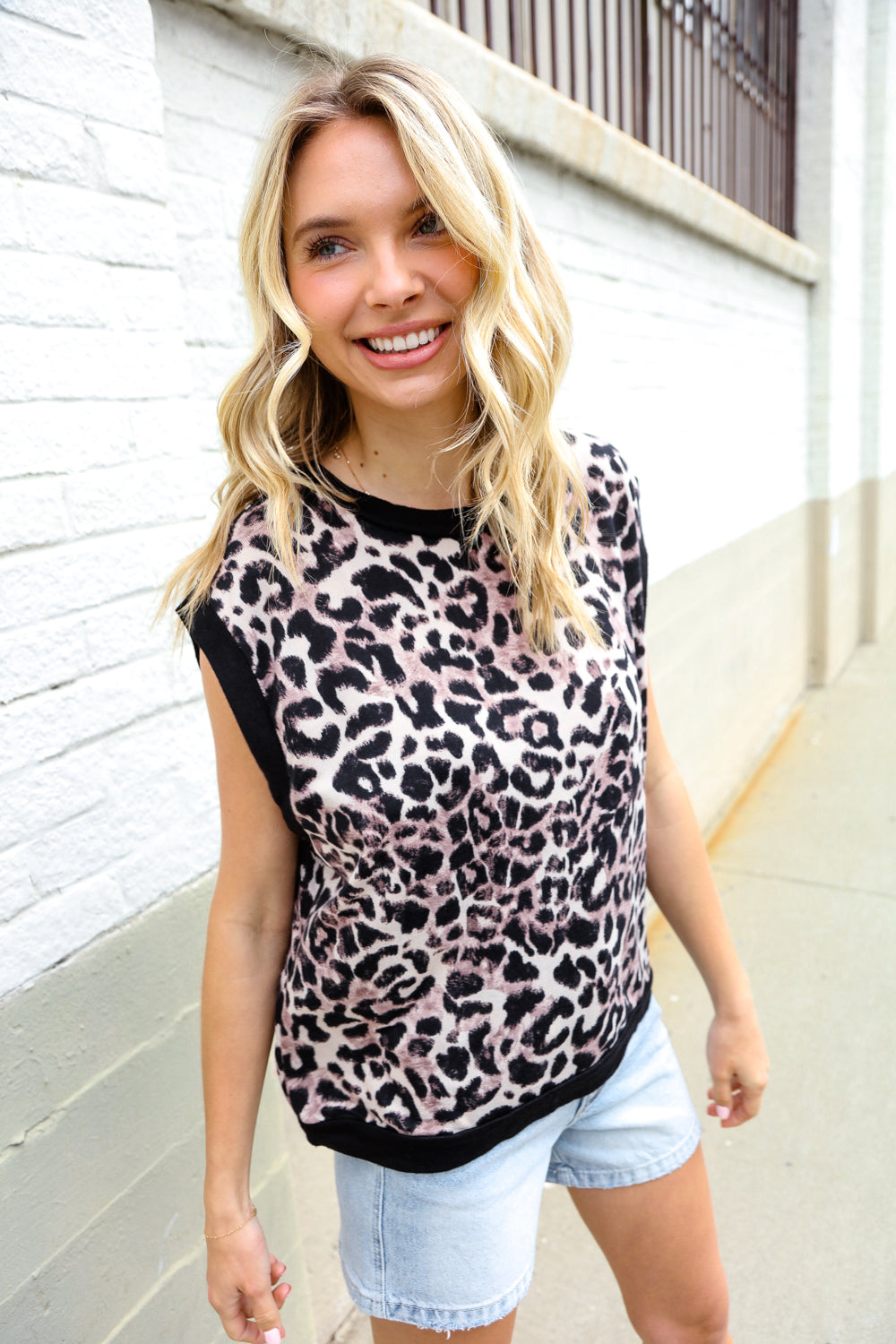 Haptics Dolman Short Sleeve Leopard Print Knit Top