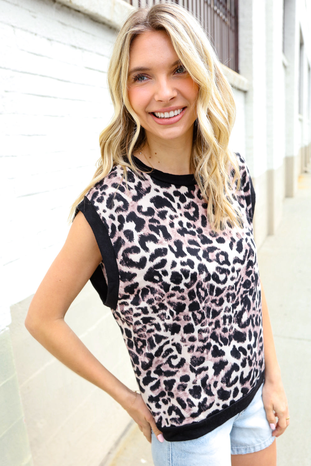 Haptics Dolman Short Sleeve Leopard Print Knit Top