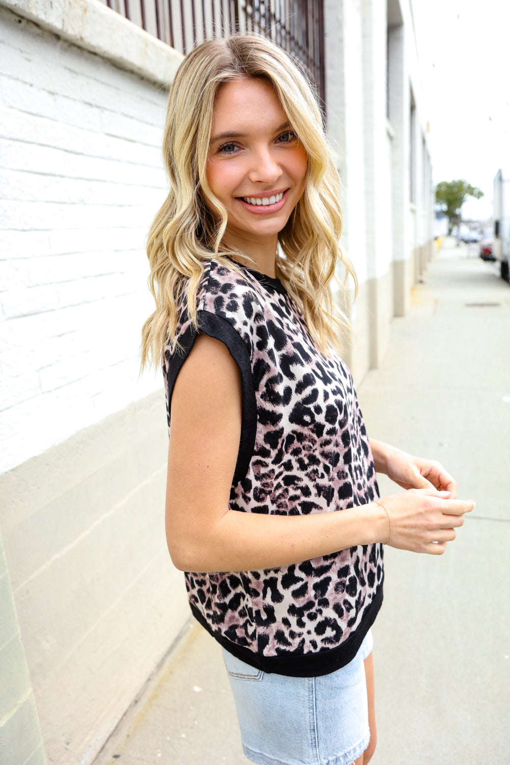 Haptics Dolman Short Sleeve Leopard Print Knit Top