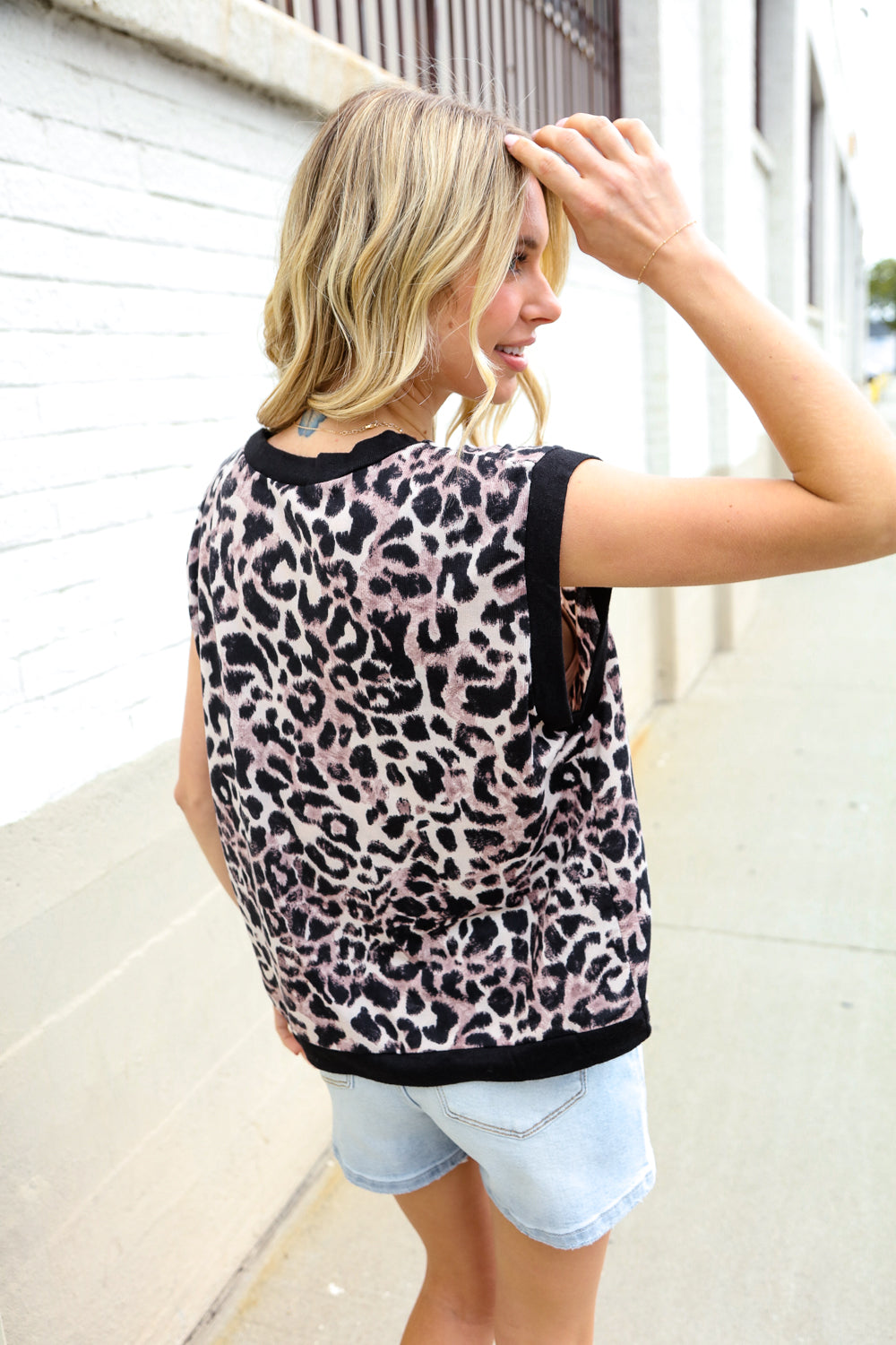 Haptics Dolman Short Sleeve Leopard Print Knit Top