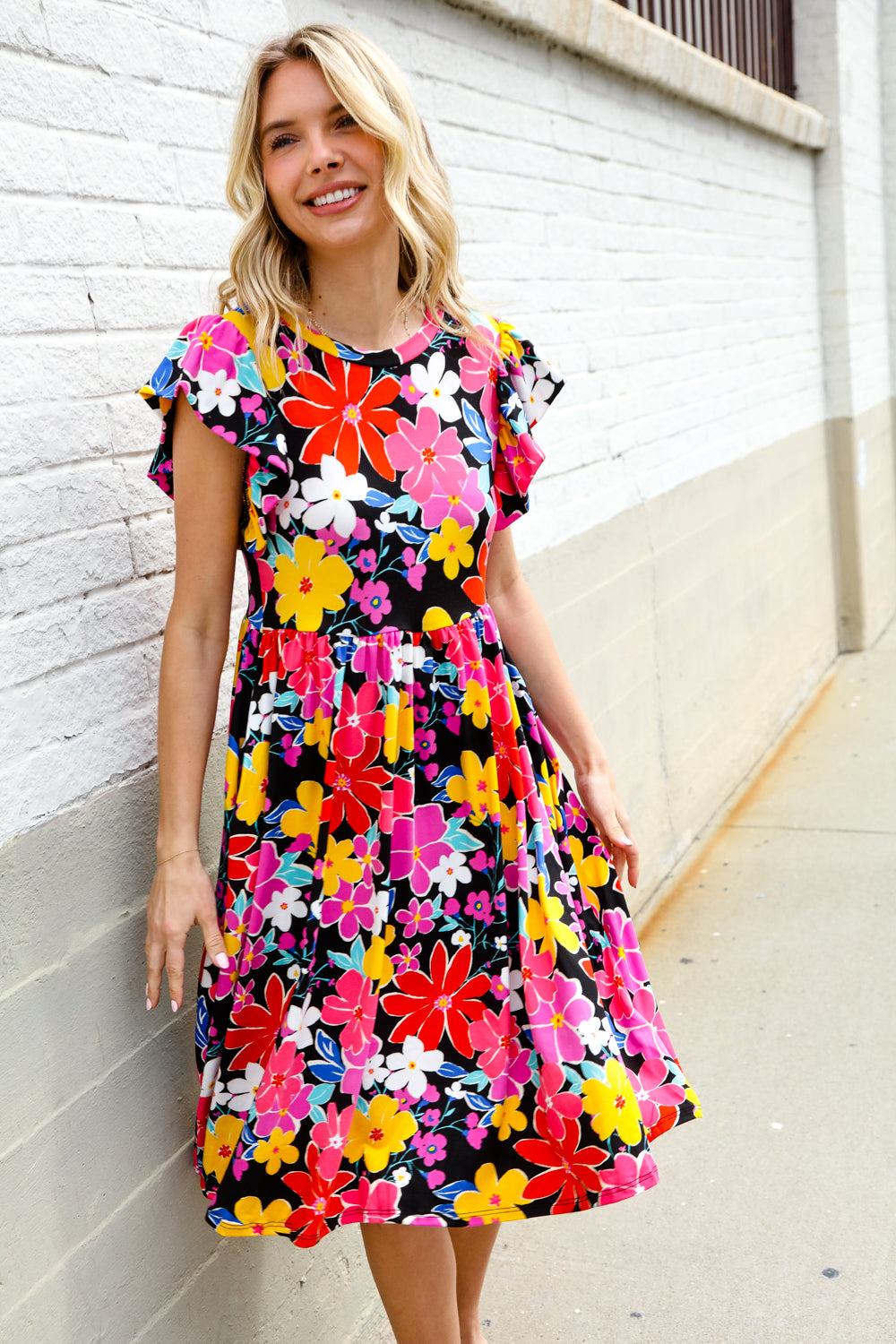 1X Haptics Black & Multicolor Floral Flutter Sleeve Babydoll Dress Dresses