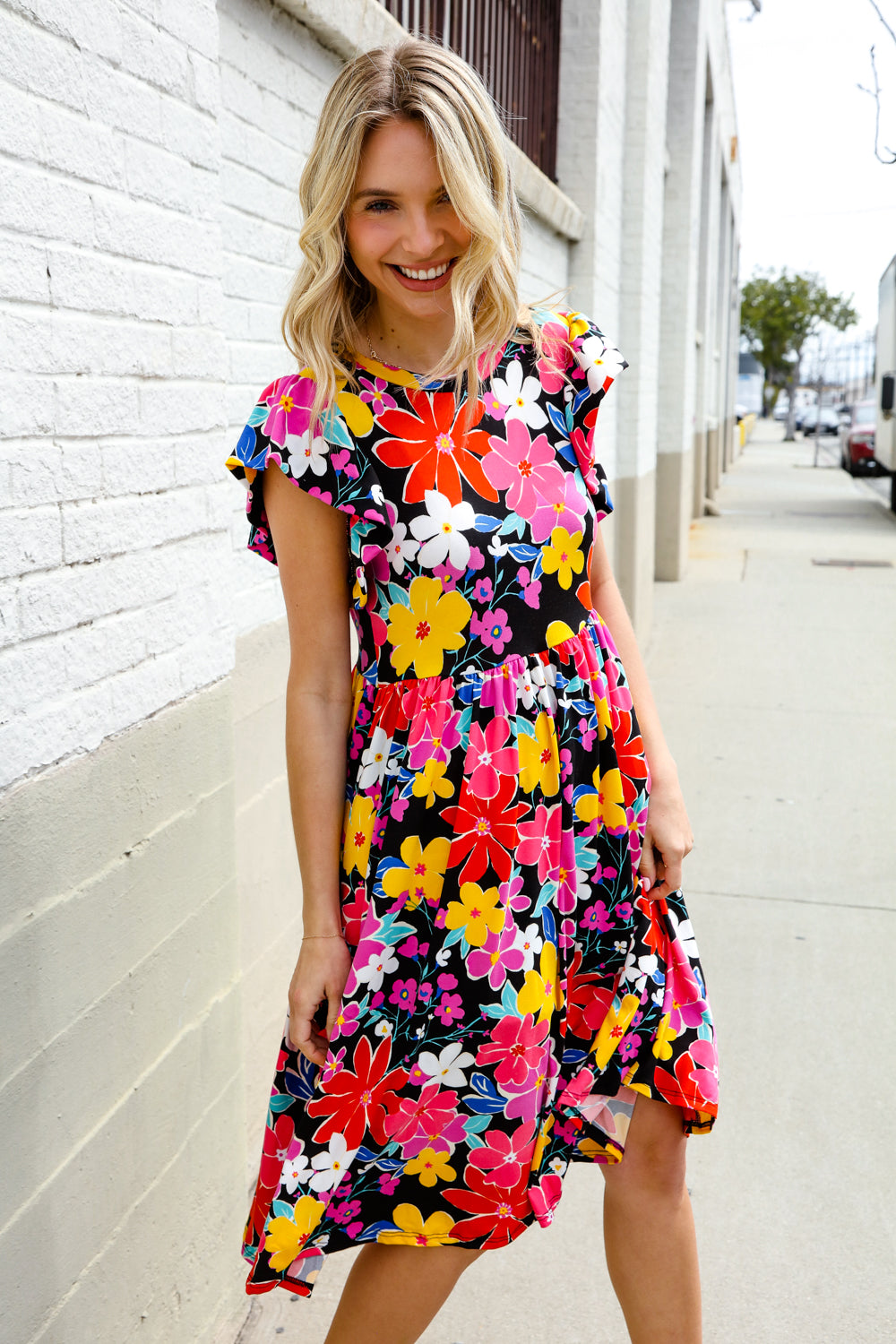 1X Haptics Black & Multicolor Floral Flutter Sleeve Babydoll Dress Dresses