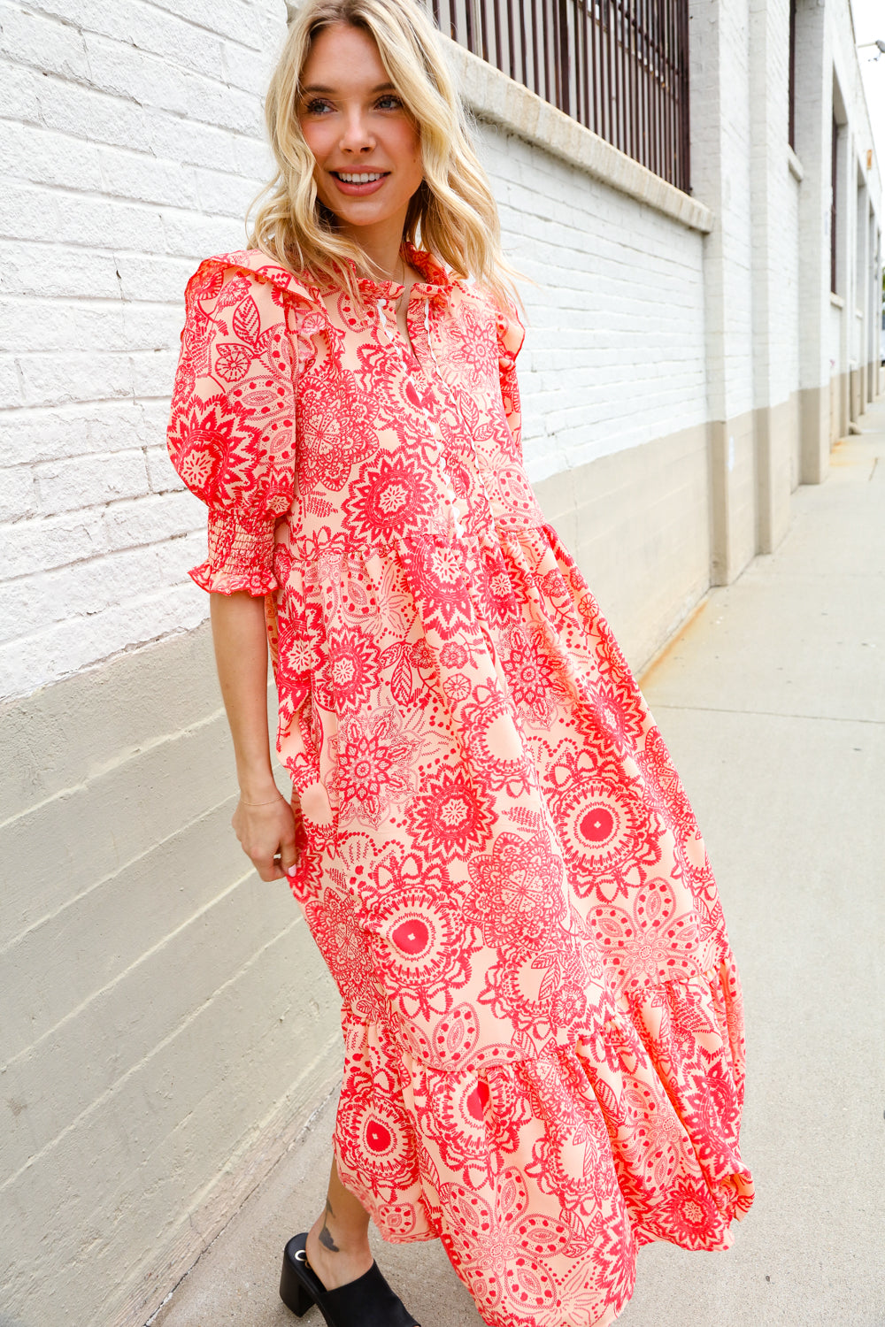 Haptics Coral Scallop Hem Smock Sleeve Midi Dress